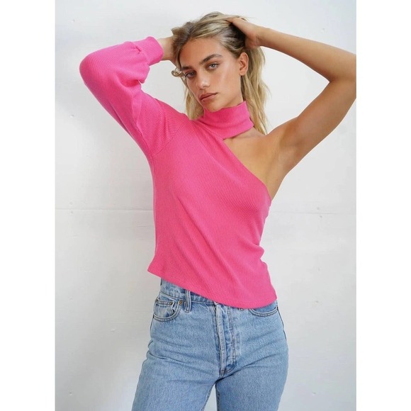 LNA MURPHY SWEATER ONE SHOULDER TURTLE KNECK LONG SLEEVES RIB TOP BARBIE PINK M - Picture 5 of 14